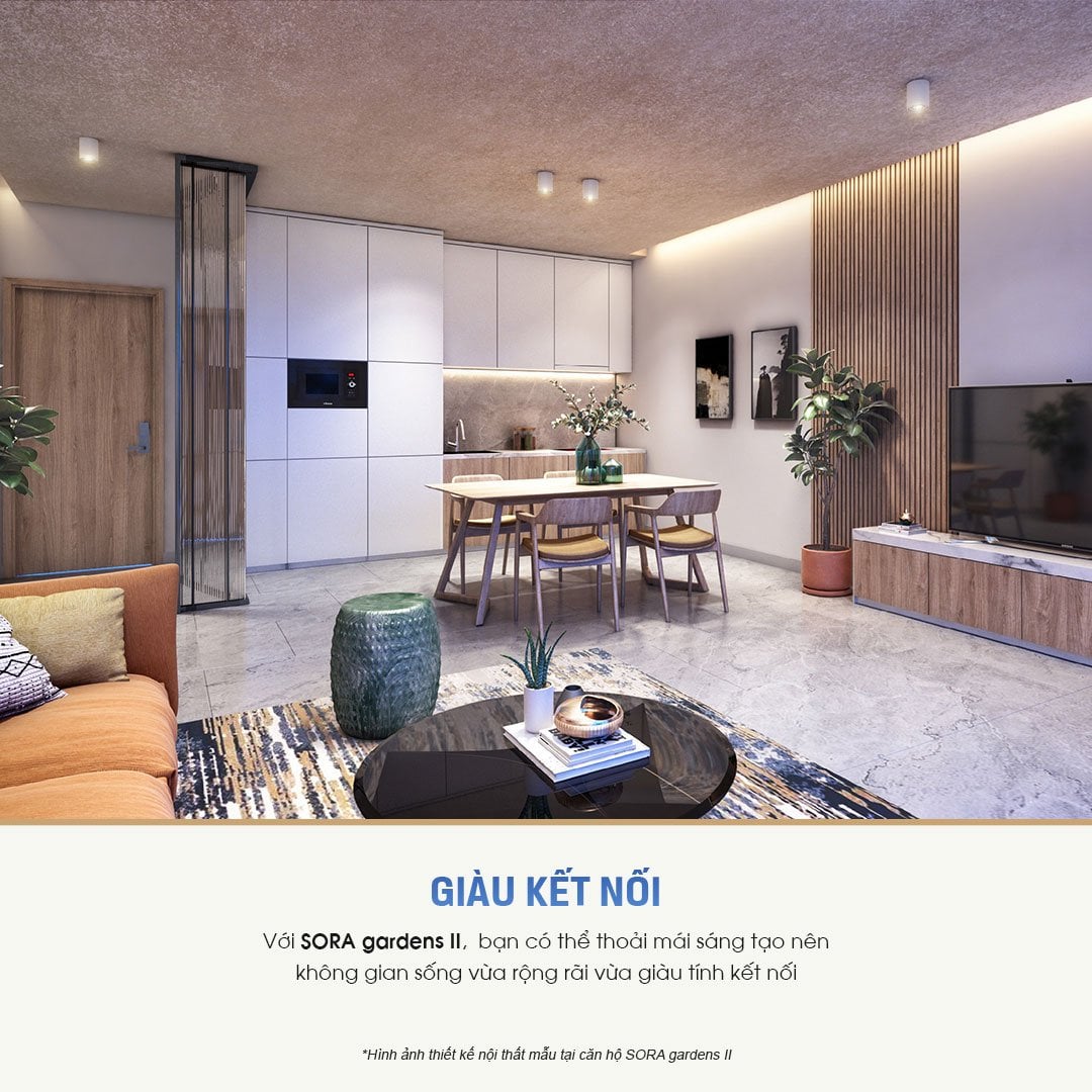 Phòng khách SORA Gardens 2 được thiết kế không gian lớn, không gian có thể tập trung nhiều người, mời được khách đến chơi và kết nối thành viên trong gia đình một cách thoải mái